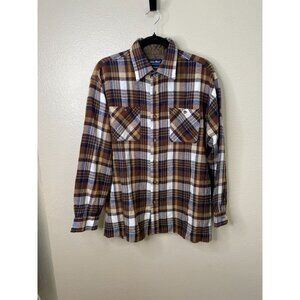John Blair Mens Brown Plaid Long Sleeve Button Down Shirt Quilted Lined Large